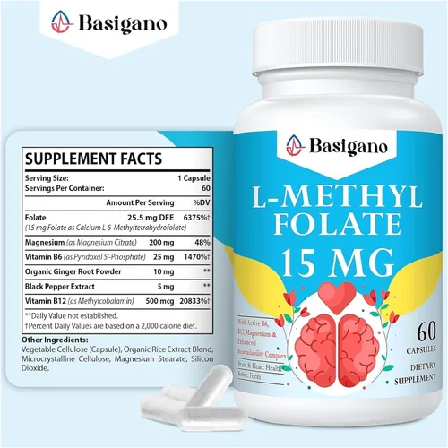 Miniatura 2 de 15 mg L de metilfolato (5-MTHF)- Acido fólico activo enriquecido con vitaminas B6 y B12-60 cápsulas vegetarianas - Sin OMG, sin gluten
