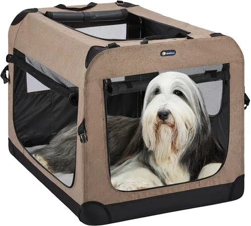 Veehoo Jaula plegable suave para perros, portátil de 3 puertas, plegable, para perros de entrenamiento en jaulas, 5 pantallas de malla duradera,