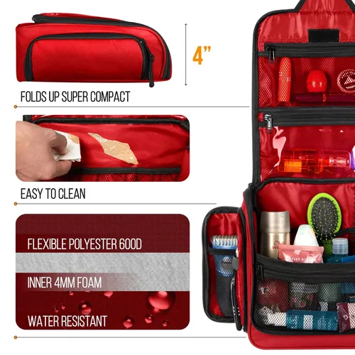 Miniatura 6 de Bolsa de aseo de viaje para hombres y mujeres - Organizador grande colgante de artículos de tocador - Bolsa de higiene impermeable con gancho L Rojo