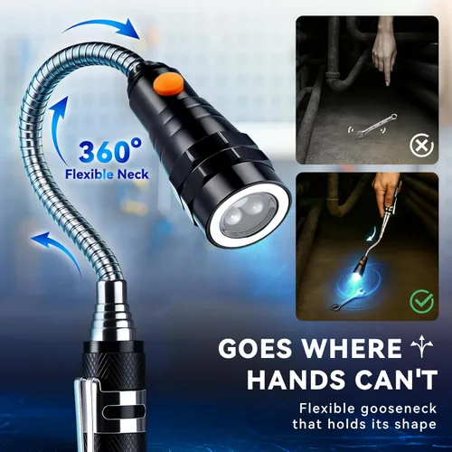 Miniatura 7 de Linterna de VIBELITE portátil con 3 luces LED. Telescópica, flexible, extensible. Cabezal magnético. 4 baterías LR44 (incluidas)