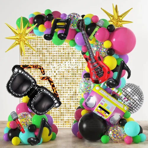 JOGAMS Decoraciones de fiesta de los 80 y 90 165 piezas Globos con guitarra inflable retro, micrófono, anteojos, nota musical, globos de bola de