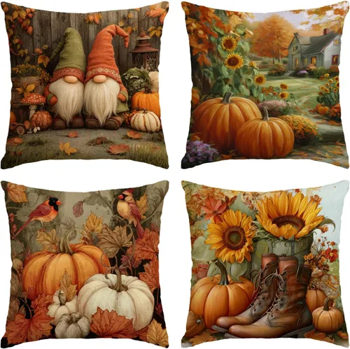 Miniatura 9 de Juego de 4 fundas de almohada de otoño de 12 x 12 pulgadas, fundas de almohada de calabazas de Acción de Gracias, fundas de cojín decorativas