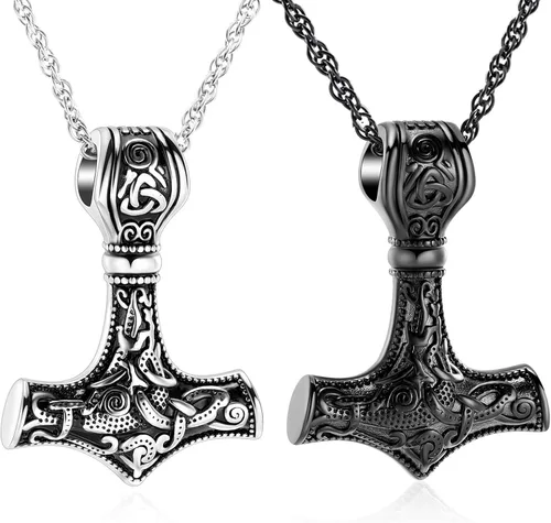 shajwo Mjolnir Thors - Collar de urna de martillo para cenizas para hombres, celta, nórdico, vikingo, joyería de cremación para mujer, recuerdo