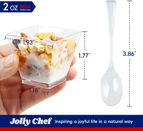 Miniatura 2 de JOLLY CHEF Paquete de 100 mini tazas cuadradas de postre de 2 onzas con cucharas, taza de plástico transparente para aperitivos de parfait, cuenco