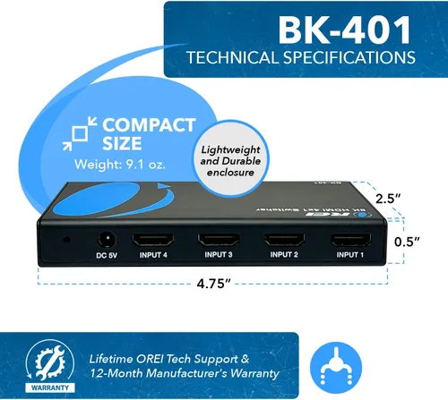 Miniatura 5 de OREI 8K 4x1 HDMI 2.1 Switch 4K @ 120hz Switcher 4 en 1 Salida, compatible con HDR, HDR10, Dolby Vision, HLG 48Gbps para Xbox Series X PS5 Roku Fire