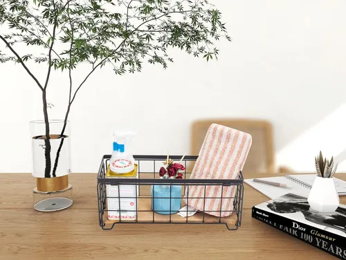 Miniatura 3 de Cesta de almacenamiento de alambre de metal, soporte para rollo de papel higiénico, base de madera, caja de decoración de encimera, estante de Negro