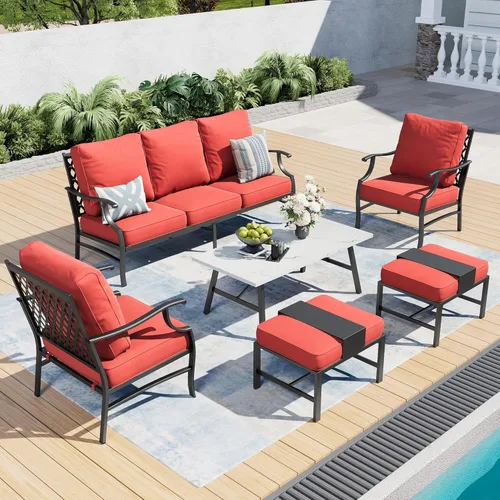 Miniatura 35 de SUNSHINE VALLEY Juego de muebles de patio al aire libre de 7 piezas, moderno juego de conversación de patio exterior con cojín extra grueso de 5.75