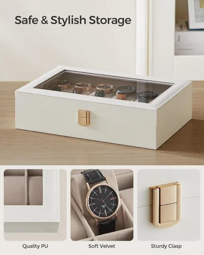 Miniatura 3 de SONGMICS Caja de reloj, caja de reloj de 12 ranuras con tapa de vidrio grande, almohadas extraíbles para reloj, organizador de caja de reloj, regalo