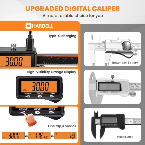 Miniatura 6 de HARDELL Calibre digital, herramienta de medición de pinza recargable de 6 pulgadas con pantalla naranja grande (sin retroiluminación), micrómetro