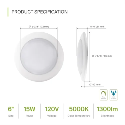 Miniatura 2 de ASD Paquete de 12 luces LED de disco de 6 pulgadas, 15 W 5000 K luz diurna 1300 LM CRI90+, luminaria empotrable regulable de techo, montaje en Blanco