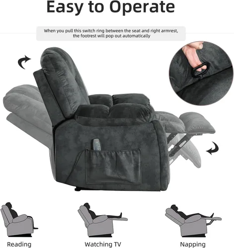 Miniatura 6 de EBELLO Silla reclinable manual con masaje y calor, sillón reclinable de tela suave para adultos con portavasos ocultos, bolsillo lateral, sofá