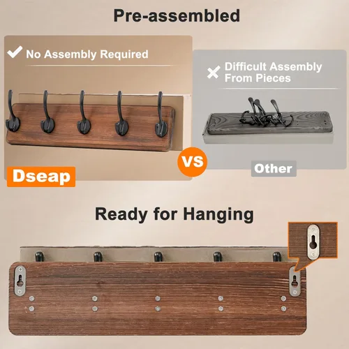 Miniatura 3 de Dseap Perchero de Pared: Moderno, Patentado, Resistente, 17.4" de Largo, Riel Colgador de Madera con 5 Ganchos Dobles para Abrigos de Invierno, Negro