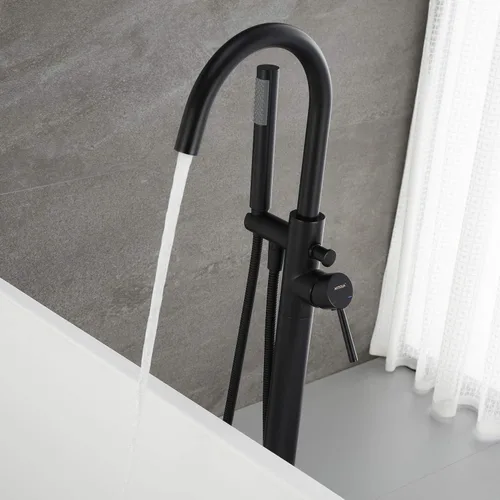 Miniatura 4 de Grifo de bañera independiente, grifos de llenado de bañera, color negro, mango único, montado en el piso con ducha de mano
