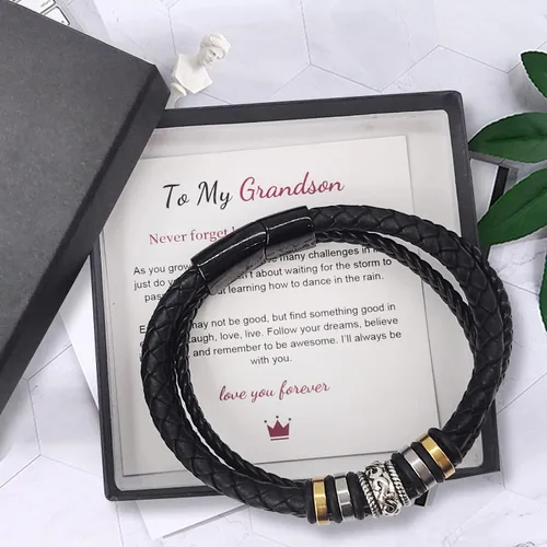 Miniatura 25 de Pulsera de cuero trenzado con texto en inglés «Love You Forever» para hombres y niños, pulsera inspiradora de acero inoxidable, pulsera de cuero