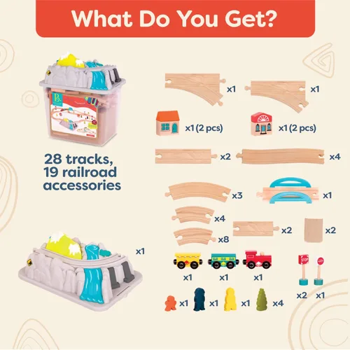 Miniatura 6 de B. toys – Juego de Tren de Madera y Ruedas – 47 Piezas – Vías y Accesorios – Cubo de Almacenamiento con Tapa de Montaña – Juguetes Clásicos