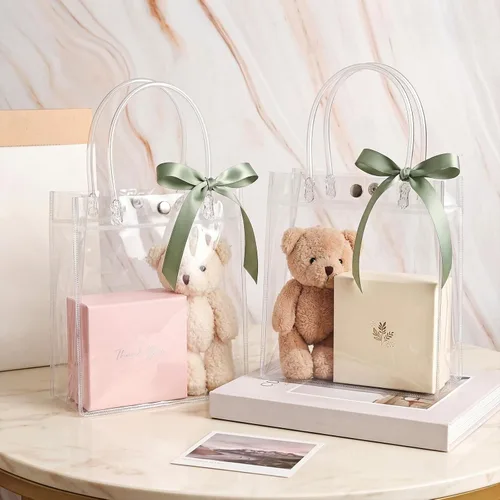 Miniatura 3 de Saintrygo 50 bolsas de regalo de plástico transparente con asas, bolsas de regalo de plástico reutilizables de PVC, bolsa de regalo de plástico