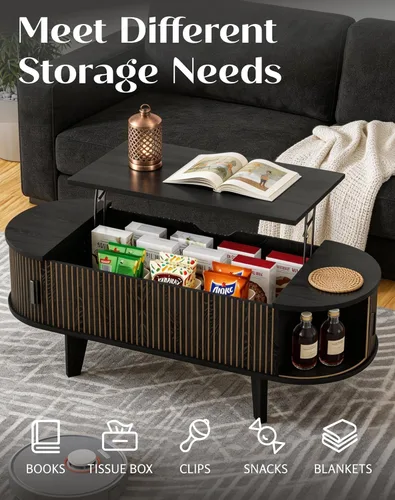 Miniatura 5 de Mesa auxiliar ovalada con almacenamiento, mesa de centro acanalada de 47.2 pulgadas con puerta corrediza de tambor de 180°, mesa central moderna