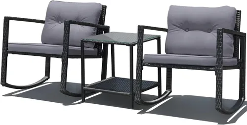 Miniatura 8 de DORTALA Juego de muebles de patio de 3 piezas, mecedora de ratán y mesa de centro de cristal con cojines, juego de 3 muebles de mimbre para Negro