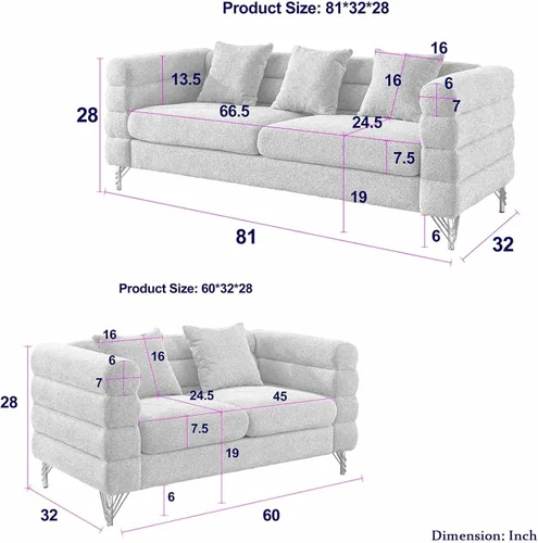 Miniatura 2 de Juego de 2 sofás para sala de estar, cómodo sofá de bouclé con sofá cama y sofá de 3 plazas, sofá tapizado con 2 almohadas y diseño de asiento