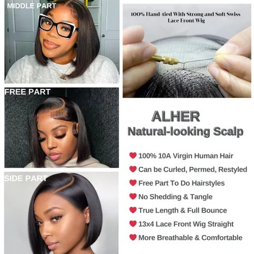 Miniatura 5 de ALHER Peluca de cabello humano corto estilo Bob, pelucas de encaje frontal transparente de 13 x 4 pulgadas, densidad del 180 % para mujeres