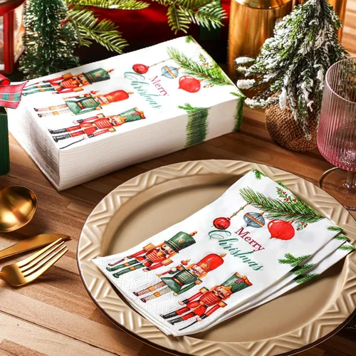 Miniatura 2 de Sinmoe 200 Piezas Servilletas de Papel de Invitados Cascanueces Navideños de 2 Capas Toalla de Mano Desechable para Baño Servilleta de Papel Feliz