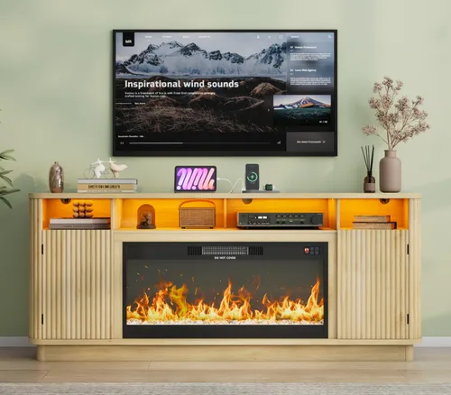 Miniatura 2 de Soporte de TV con chimenea acanalada de 70 pulgadas, centro de entretenimiento moderno con chimenea eléctrica de 36 pulgadas, consola multimedia