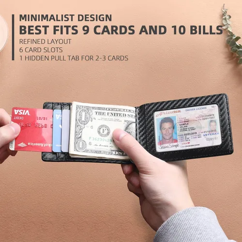 Miniatura 49 de Cartera Zitahli minimalista, delgada, con bolsillo frontal plegable y clip para billetes, bloqueo RFID efectivo y diseño inteligente, para hombre