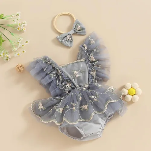 Miniatura 4 de Comoraecos Vestido mameluco de encaje floral para bebé, vestido de princesa con bordado de tutú y mangas para atar, sin espalda, vestido de princesa