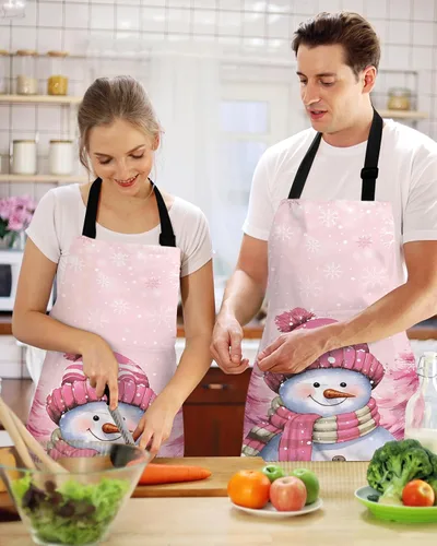Miniatura 2 de Pink Snowman Christmas Bib Aprons with Pockets Waterproof, Adjustable Apron for Men Women Xmas Tree Winter Snowflake Pink
