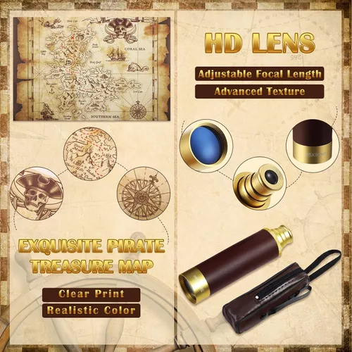 Miniatura 3 de Telescopio monocular pirata, mapa del tesoro, brújula, sombrero pirata, estampado de calavera, disfraz de capitán, 5 piezas de recuerdos de fiesta