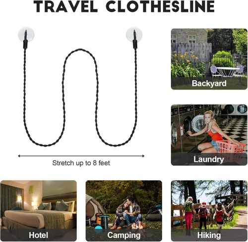 Miniatura 2 de 2 piezas de tendedero retráctil portátil con ganchos y ventosas, accesorios de campamento, artículos esenciales para crucero para uso en exteriores