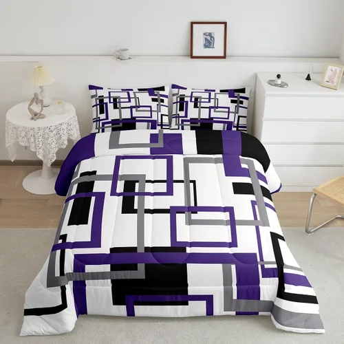 Miniatura 31 de Erosebridal Edredón Cuadrado para Niños y Niñas, Juego de Ropa de Cama Negro y Gris Blanco Azul Marino, Juego de Edredón Geométrico Completo
