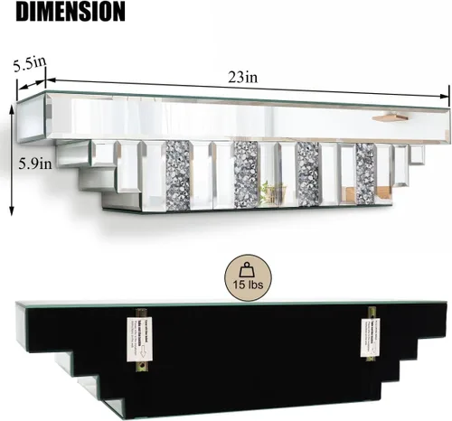 Miniatura 2 de Estante flotante con espejo para pared Wall-23, estante de pared de diamante de cristal triturado, estante de exhibición de espejo plateado