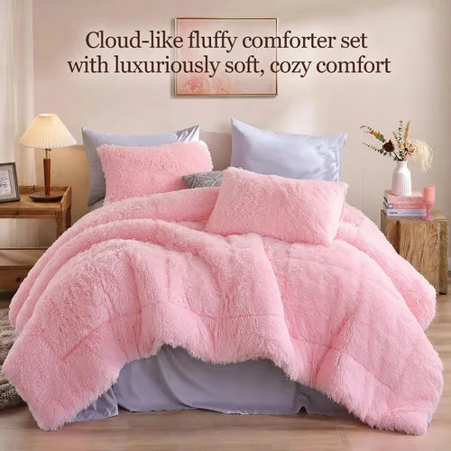Miniatura 4 de Smoofy Juego de edredón esponjoso de tamaño Full, juego de edredón rosa de piel sintética, juego de ropa de cama mullido de lujo, juego de ropa