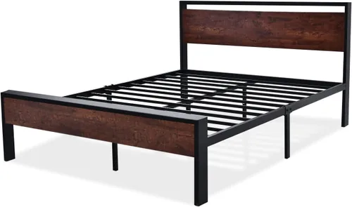 Miniatura 8 de SHA CERLIN Base de cama de plataforma de metal de tamaño completo de 14 pulgadas con cabecero y pie de cama de madera, base de colchón, no necesita