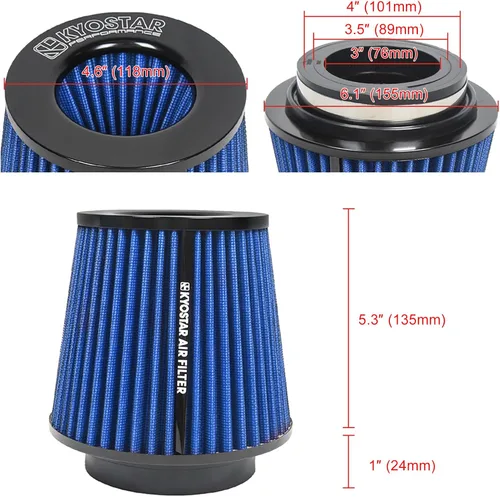 Miniatura 50 de KYOSTAR Filtro de aire universal de alto flujo de 3" (76 mm), entrada de aire frío de cono reutilizable, alto rendimiento, lavable, kit de aire seco