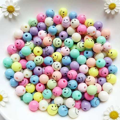 Miniatura 2 de 100 cuentas acrílicas de cara sonriente linda para pulseras, collares, manualidades y fabricación de joyas (colores mezclados, 0.394 pulgadas)