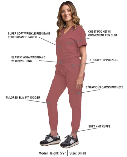 Miniatura 14 de Green Town Conjunto de ropa quirúrgica para mujer, pantalón deportivo y parte superior con cuello en V, 5 bolsillos, cintura de yoga, uniforme