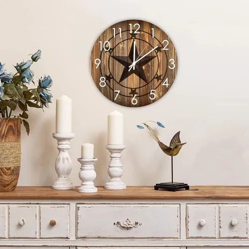 Miniatura 3 de Reloj de pared redondo de madera con estrella de Texas occidental, silencioso a pilas, funciona con pilas, decoración del hogar para sala de estar