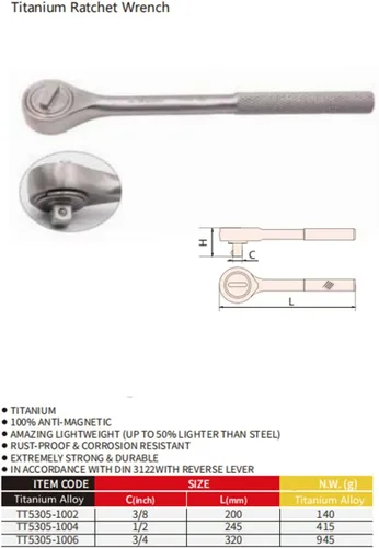 Miniatura 2 de WEDO Llave de trinquete de titanio de 3/8 pulgadas, trinquete de liberación rápida reversible, longitud de 7.874 in, peso ligero, no magnético, a
