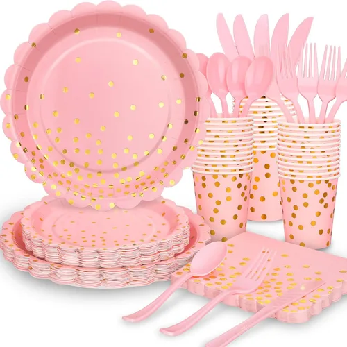 Miniatura 12 de 175 piezas de decoración de fiesta verde y dorada - Suministros de fiesta con platos y servilletas verdes - Platos de papel festoneados