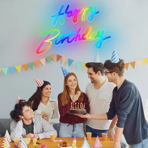 Miniatura 6 de Letrero de neón grande con texto en inglés «Happy Birthday» de «Happy Birthday» para decoración de pared, letrero LED para fiesta de cumpleaños
