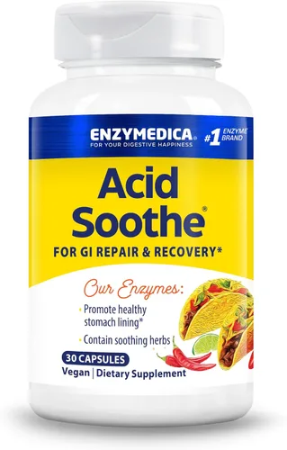 Enzymedica, Acid Soothe, apoyo para acidez estomacal ocasional, fórmula 3 en 1 con enzimas y hierbas calmantes, 30 unidades