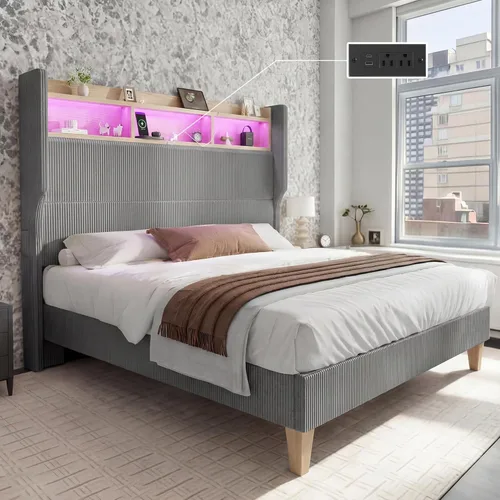 Miniatura 13 de HOMRELEXA Base de cama tamaño matrimonial para niñas con cabecera de 51 pulgadas de alto, luces LED y estación de carga, plataforma tapizada de pana