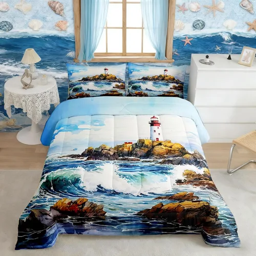 Miniatura 25 de Castle Fairy Juego de edredón de verano para niños, tamaño individual, diseño náutico reversible con diseño náutico de estrellas de mar, barco y Azul