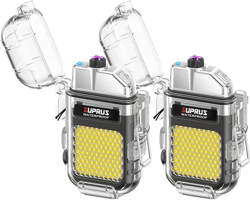 Miniatura 10 de SUPRUS Impermeable 3 modos de linterna a prueba de viento, encendedor de doble arco eléctrico recargable de plasma de doble arco con silbato de Azul