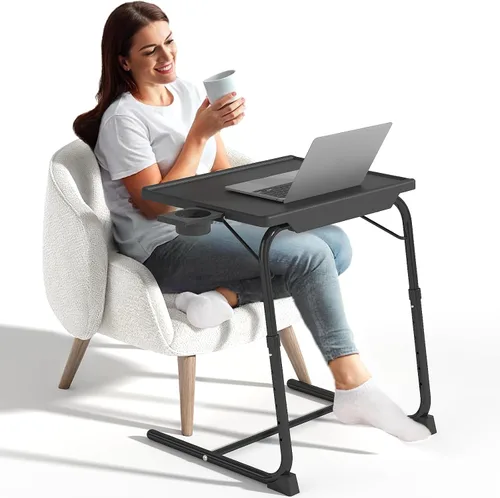 Mesa con bandeja de TV, mesa de comedor ajustable para comer en el sofá con soporte para tazas, escritorio plegable con 6 ajustes de altura y 3