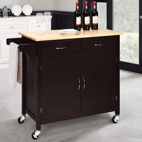 Miniatura 7 de Giantex Isla de cocina, carrito de cocina rodante, encimera de madera, carrito de servicio utilitario con armario de almacenamiento y 2 toalleros