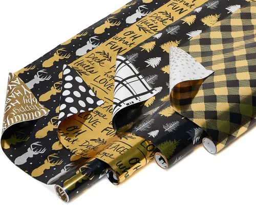 American Greetings - Rollos de papel de regalo de Navidad de aluminio, envoltura de regalo festiva metálica en amarillo dorado y negro (80 pies