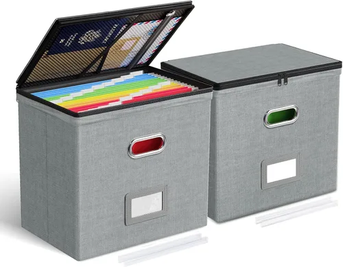 Miniatura 15 de Oterri Paquete de 2 cajas organizadoras de archivos con tapas, caja de archivos con bolsillos de malla, caja organizadora de documentos para Verde